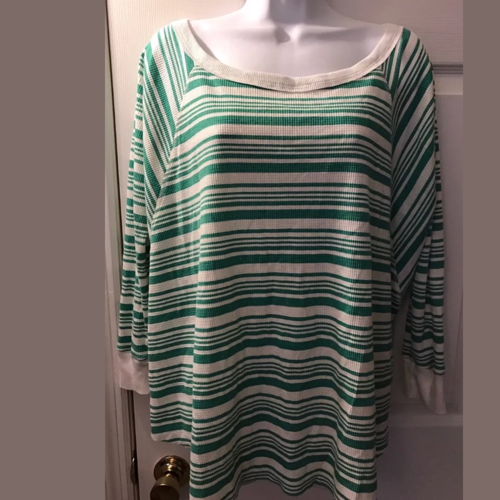 SUNDANCE Striped Thermal Shirt Oversized Top Green Scoop Neck Casual Comfy Knit